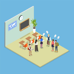 3D Isometric Flat Vector Illustration of Education And Learning, Students Posed In Classroom Holding Books And Computers.