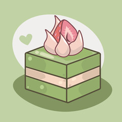 Cute green matcha cake slice with cream and strawberry topping, cartoon style dessert illustration on soft pastel background