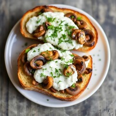 Plate of cream cheese and mushroom sandwiches. Top view