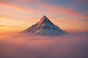 Minimalism in landscape. Mountain top above clouds during beautiful sunset
