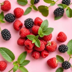 Forest fresh berries (raspberries and blackberries) with green leaves on pink background