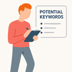 Flat Illustration Man Writing on Clipboard with Potential Keywords List