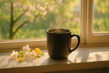 Black mug with hot drink on the window against the background of a blooming spring garden