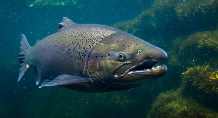 Naklejka premium Editorial Stock Photo of a Salmon Close-Up Underwater with Sharp Focus on Eye and Scale Patterns