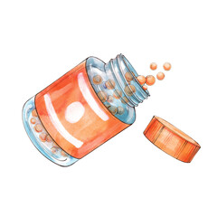 Medical blue transparent bottle with orange dragees lies with open lid, some of the vitamins are spill out of the jar. Watercolor isolated on white background mockup or design element