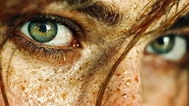 Hyperrealistic close-up of a freckled face with visible skin texture and a sharp blue eye gazing into the distance under dramatic lighting