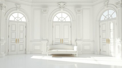 Fototapeta premium Elegant all white interior with ornate architectural details, double doors, bright light, and a classic style sofa