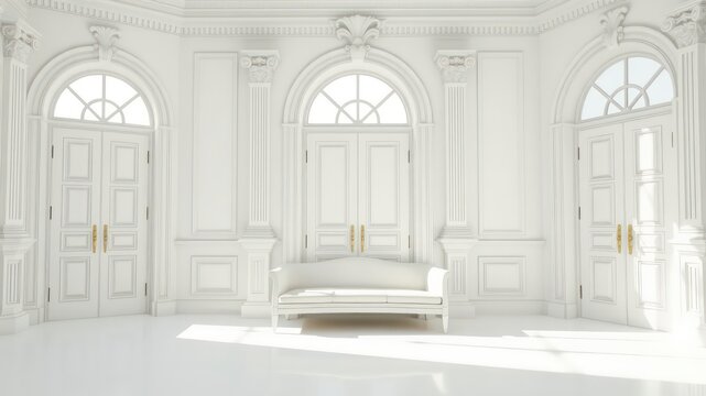 Elegant all white interior with ornate architectural details, double doors, bright light, and a classic style sofa