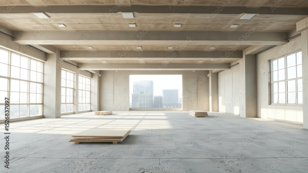 Poster expansive and luminous open interior space with unfinished concrete and distant building views, pres