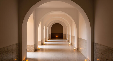 Obraz premium Long brick hallway with white arches, architectural depth and grandeur for backgrounds