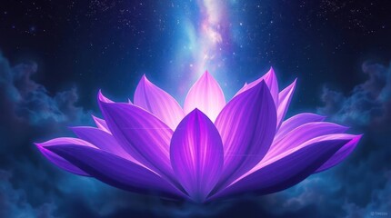 A large purple lotus flower illuminated against a starry night sky