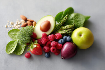 healthy meal spread on clean background featuring colorful fruits and vegetables rich in antioxidants