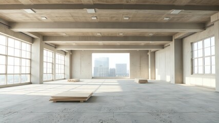 Expansive and luminous open interior space with unfinished concrete and distant building views, presenting a blank canvas ready for creative design