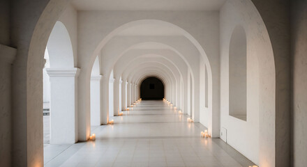 Obraz premium Long white arched hallway with grandeur and brick detail, perfect for backgrounds