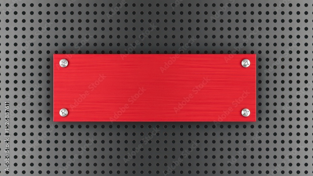 Aufkleber red metallic plate fastened to a perforated gray surface with metallic screws providing space for cu