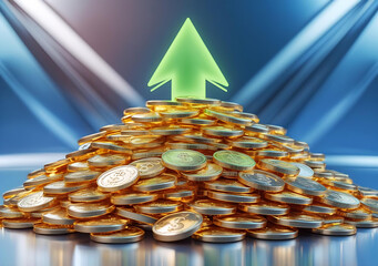 Golden Coin Stack with Upward Green Arrow – Finance and Profit Growth Concept Generative AI