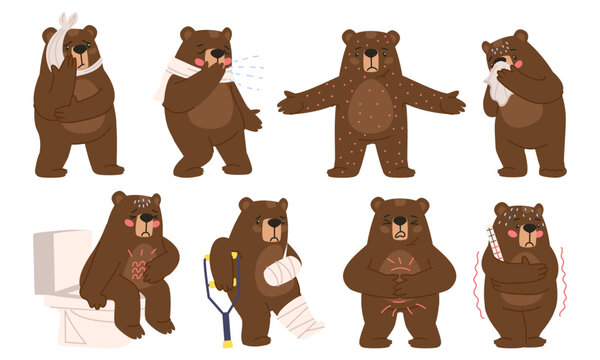 Set of health problems in a brown bear animal. The bear got a cold. Teddy broke his leg and arm. An animal with a bad stomach and a bad tooth. Flat vector illustration, eps10