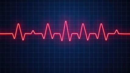 Abstract glowing red waveform against a dark blue grid, ideal for technology or medical contexts