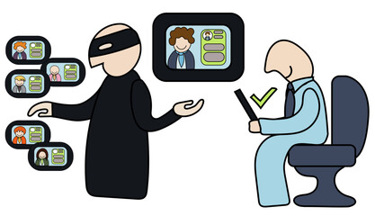 An identity theft criminal applying for a job interview with fake resume and credentials. Concept of job search fraud. 