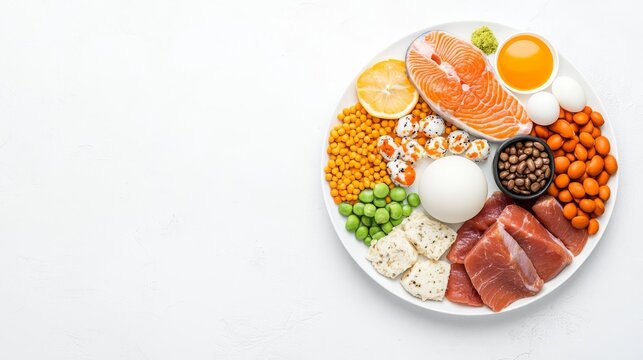 Colorful plate of assorted foods including salmon, eggs, beans, and vegetables arranged for a healthy meal.