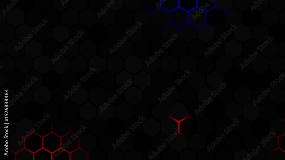 Poster glowing rays light blue red with hexagon texture animation on plain black background