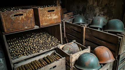 Vintage military storage: helmets and ammunition in wooden crates