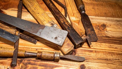 Collection Of Rusty Vintage Woodworking Tools On Wooden Surface