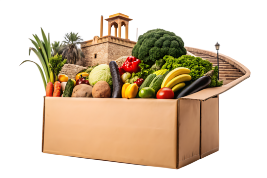Surreal Cardboard Box Filled with Vegetables Building and Staircase on Transparent Background