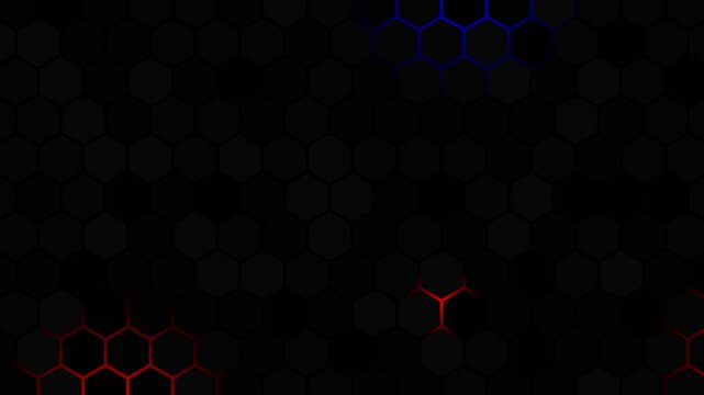 Glowing rays light blue red with hexagon texture animation on plain black background