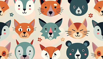 Cute Animal Faces Pattern Illustration