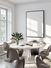 Frame mockup, ISO A paper size. Living room wall poster mockup. Interior mockup with house background. Modern interior design. 3D render
