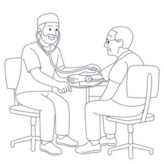Black and white illustration of doctor checking elderly patient's blood pressure. Medical coloring page, hospital scene for health education