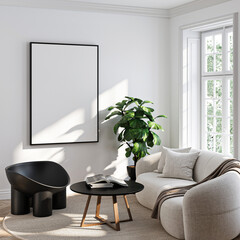 Frame mockup, ISO A paper size. Living room wall poster mockup. Interior mockup with house background. Modern interior design. 3D render

