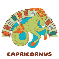 Vector illustration of Capricorn zodiac sign. Mythical sea-goat creature with astrological symbols in cartoon style. Horoscope and astrology concept.