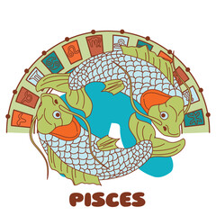 Colorful vector illustration of Pisces zodiac sign. Two koi fish swimming in a circle with astrological symbols. Horoscope theme in cartoon style