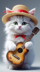 Cute Cat with Guitar and Hat – Funny Music Animal Art