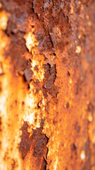 Close-up view of a rusty metal surface highlights intricate textures and colors. Natural light illuminates the decay, creating an eye-catching contrast.
