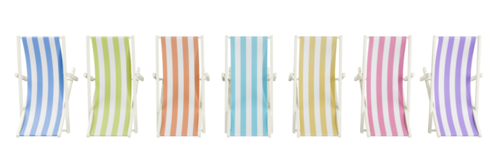Colorful striped beach chairs lined up on on an isolated background.Top view 3d rendering