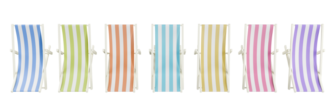 Colorful striped beach chairs lined up on on an isolated background.Top view 3d rendering