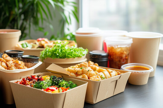Assorted carton takeaway containers filled with different foods. Modern food delivery concept highlighting convenience, packaging, and ready to eat meals.