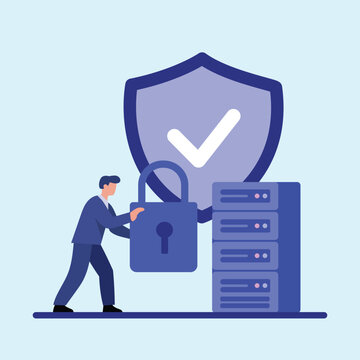 Cybersecurity concept with man locking server next to shield and padlock illustration