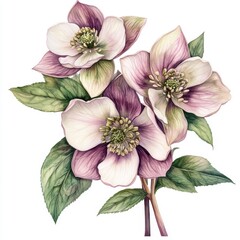 Delicate Watercolor Painting of Purple and White Hellebore Flowers