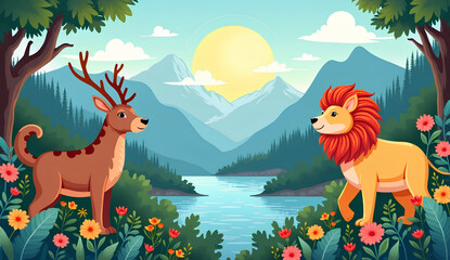 Fototapeta premium Flat Nature Landscape with Forest Animals