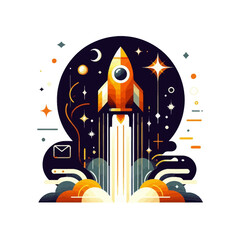 Fototapeta premium A dynamic rocket launch illustration with stars and planets, perfect for blogs on business startups, innovation, space exploration, or success.