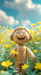 Wooden Toy Smiling in Spring Flower Field Art