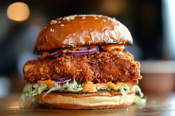 Crispy Fried Chicken Burger with Lettuce, Tomato and Sauce in a Brioche Bun