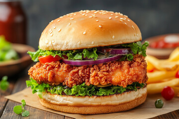 Crispy Fried Chicken Burger with Lettuce, Tomato and Sauce in a Brioche Bun