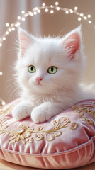 Elegant White Kitten on Pink Embroidered Pillow with Fairy Lights