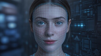 Woman face with facial recognition grid, technology concept.