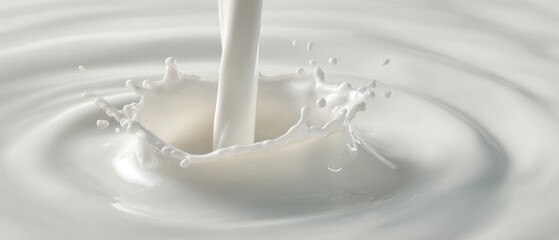 The milk pouring and splashing in a serene white surface.